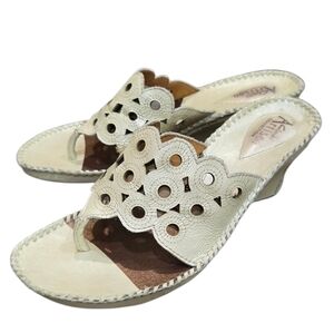 Clarks Artisan Oyster Leather Slide Sandal w/2.5" Cream Wedge Heel Open Toe 8